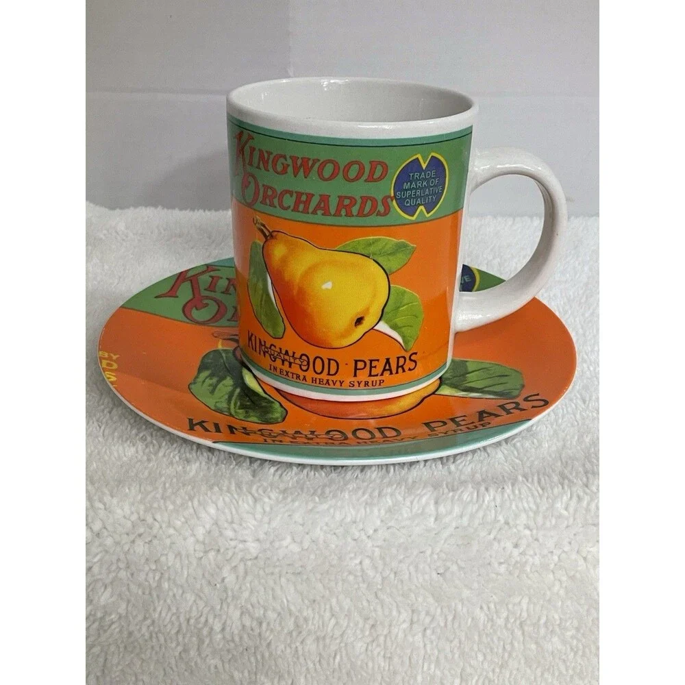 Kingwood Orchards label Pears Extra Heavy Syrup Mug & Plate Kane Home VTG